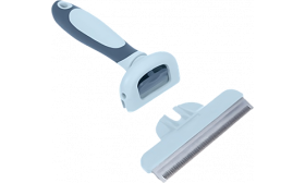 Detachable stainless steel blade of grey and blue cat grooming deshedding comb with ergonomic grip, easy to clean.
